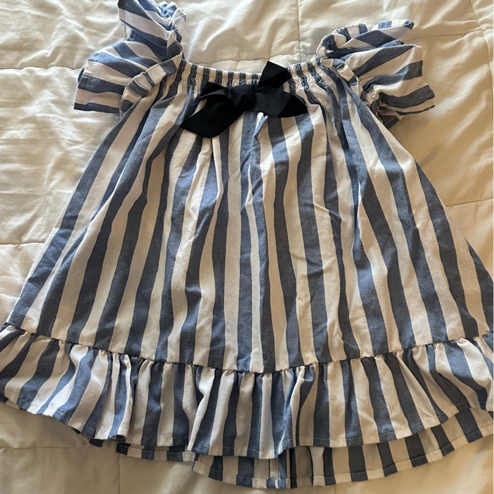 Blue and White Striped Dress with Black Bow